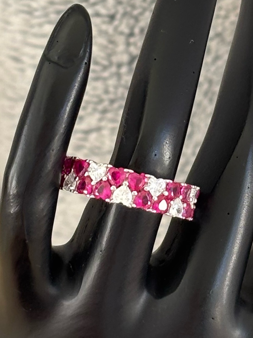 Ruby CZ & White CZ Heart Sterling Silver Eternity Band Ring size 7
